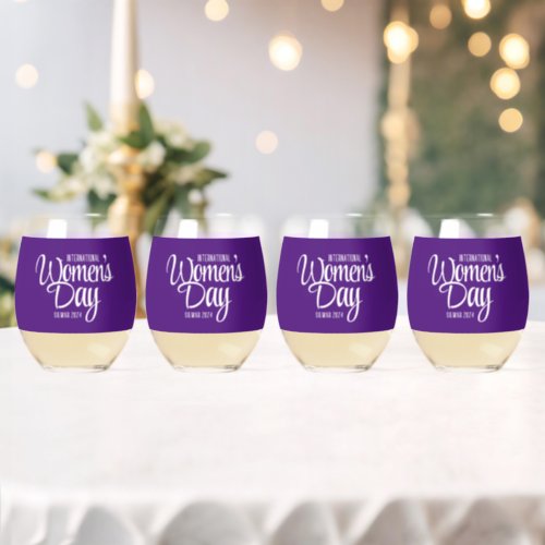 Purple Script International Womens Day March 8 Stemless Wine Glass