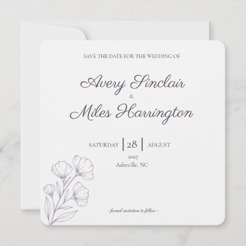 Purple Script Line Art Wedding Save the Date