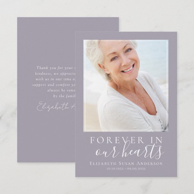 Purple Script Photo Funeral Sympathy Thank You Card (Front/Back)