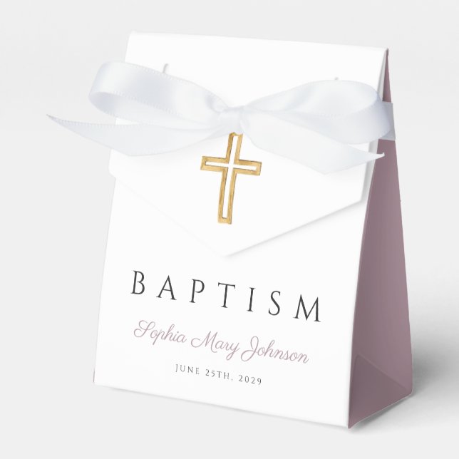 Purple Script Religious Cross Girl Baptism Favor Boxes (Front Side)