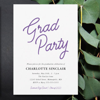 Purple Script Simple Budget Grad Party Invitation by daisylin712 at Zazzle