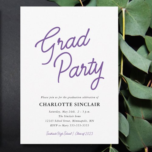 Purple Script Simple Budget Grad Party Invitation