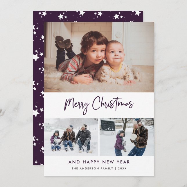 Purple Script Stars Christmas 3 Photo Collage Holiday Card (Front/Back)
