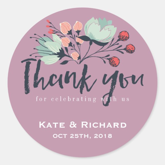 Purple Script Thank You Floral Wedding Sticker (Front)