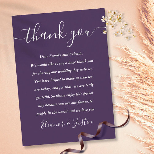 Purple Script Thank You Wedding  Place Card