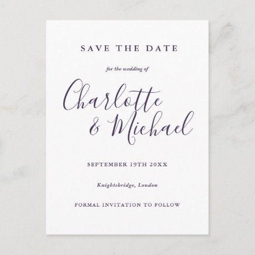 Purple Script Wedding Save the Date Postcard