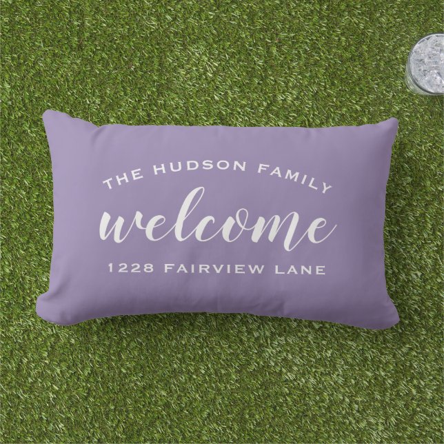 Purple Script Welcome Monogram Porch Lumbar Pillow (Grass)