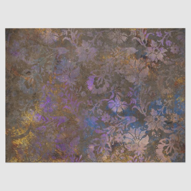 Purple Scroll Work Flowers on Blue Decoupage Tissue Paper (Front)