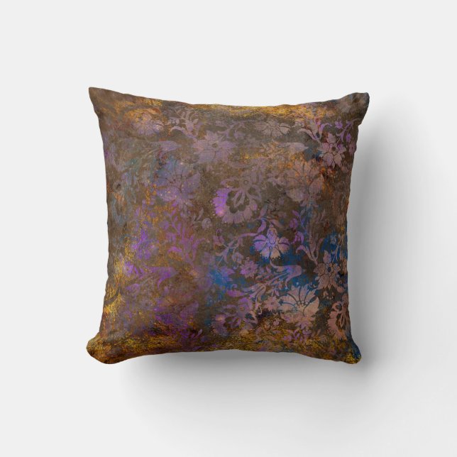 Purple Scroll Work Flowers on Blue Throw Pillow (Front)