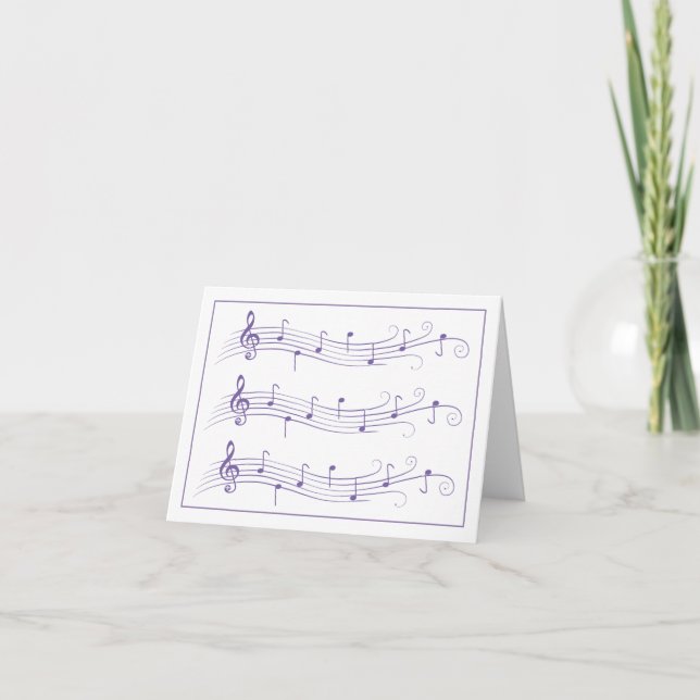 Purple Scrolled Music Staffs on White Note Card (Front)