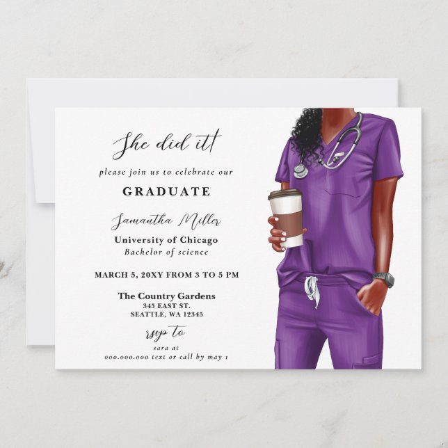 Purple Scrubs Nurse Photo She Did It Graduation Invitation (Front)