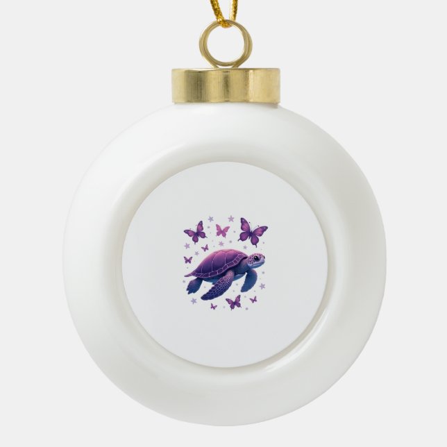 Purple - Sea Turtle Butterfly T-Shirt Ceramic Ball Christmas Ornament (Front)