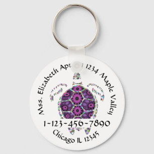 Purple Sea Turtle Home Contact Information Keychain