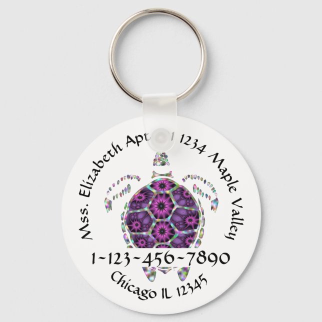Purple Sea Turtle Home Contact Information Keychain (Front)