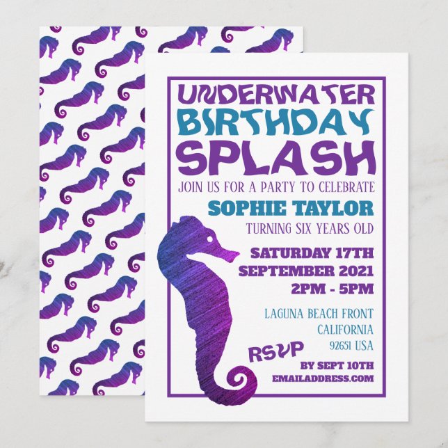 Purple Seahorse, Aquatic Birthday Party Invitation (Front/Back)