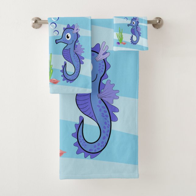 Purple Seahorse Cute Bathroom Towel Set (Insitu)