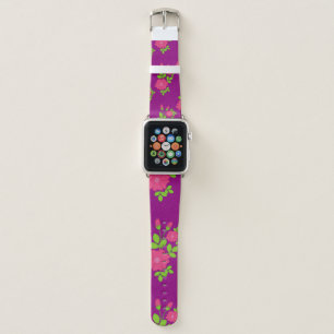 Purple seamless pattern with pink flowers and gree apple watch band