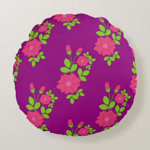 Purple seamless pattern with pink flowers and gree round pillow