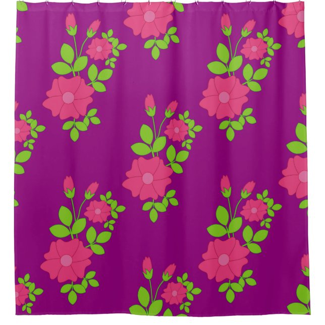 Purple seamless pattern with pink flowers and gree shower curtain (Front)