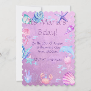 Purple seashells birthday invitation 