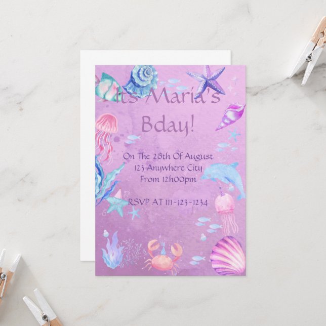 Purple seashells girl birthday invitation  (Front/Back In Situ)
