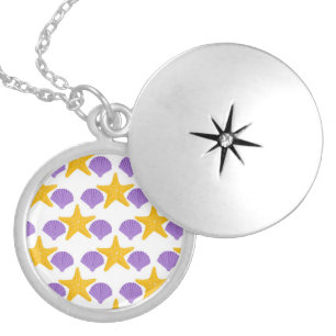 Purple Seashells Yellow Starfish Marine Life Locket Necklace