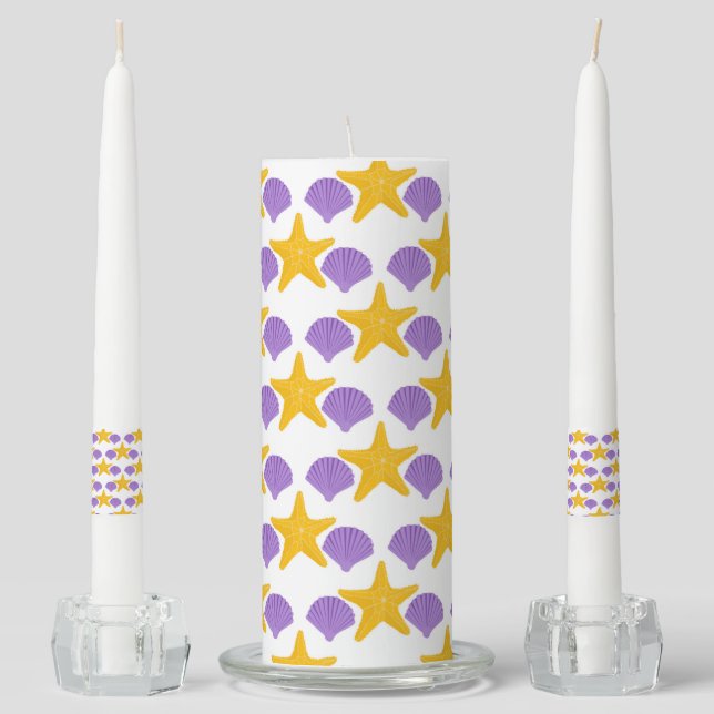 Purple Seashells Yellow Starfish Marine Life Unity Candle Set (Front)