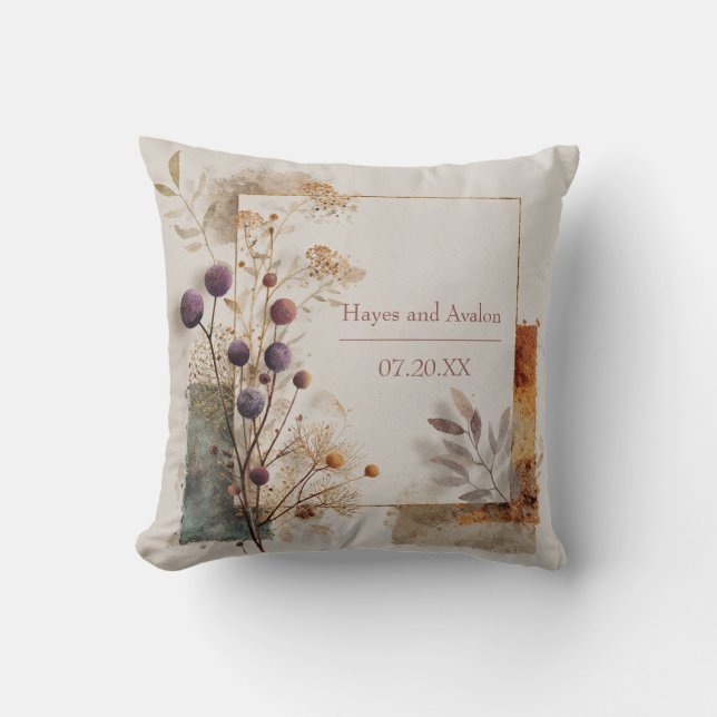 Purple Seed Pod Botanical Gold Frame Watercolor Throw Pillow (Front)