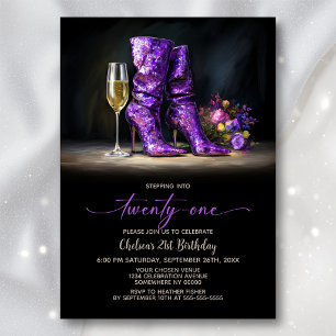 Purple Sequin Boots 21st Birthday Party Invitation