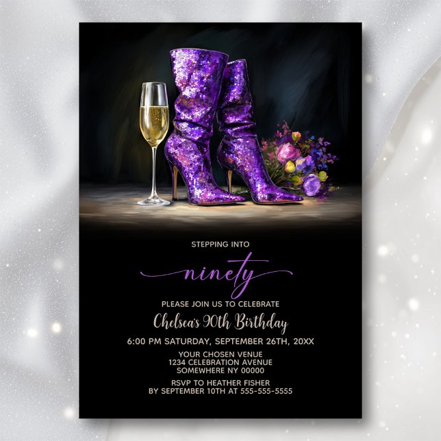 Purple Sequin Boots 90th Birthday Party Invitation (Creator Uploaded)