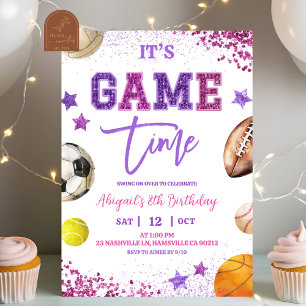 Purple Sequin Sports Birthday Invitation