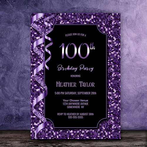 Purple Sequins 100th Birthday Party Invitation