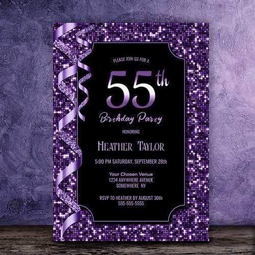 Purple Sequins 55th Birthday Party Invitation