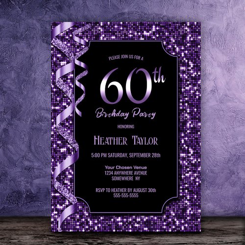 Purple Sequins 60th Birthday Party Invitation