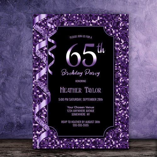 Purple Sequins 65th Birthday Party Invitation