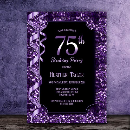 Purple Sequins 75th Birthday Party Invitation