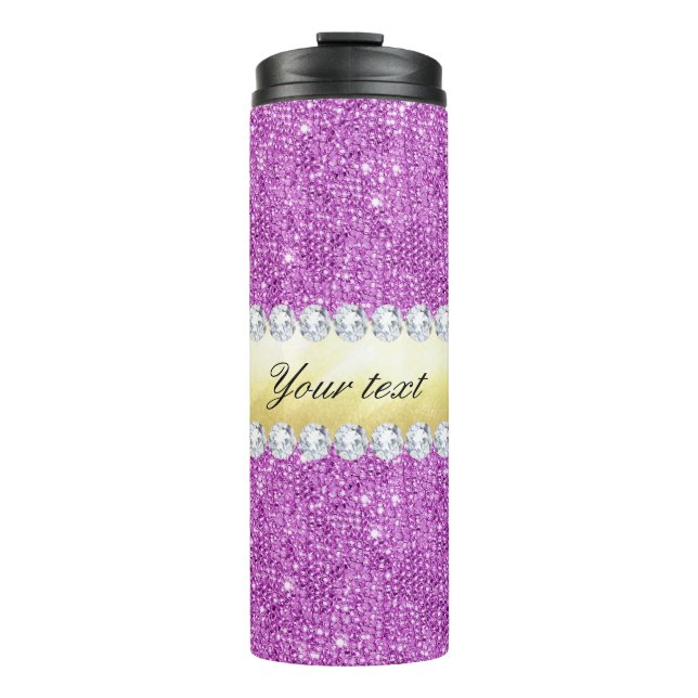 Purple Sequins Gold Foil and Diamonds Thermal Tumbler (Front)
