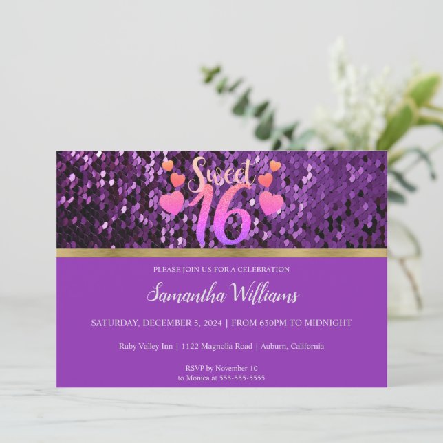 Purple Sequins Sweet 16 Invitation (Standing Front)