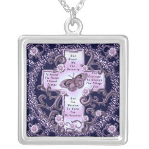 Purple Serenity Prayer Cross square necklace