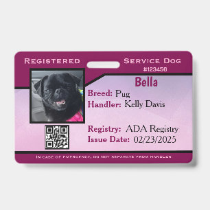 Purple service dog ID card Badge