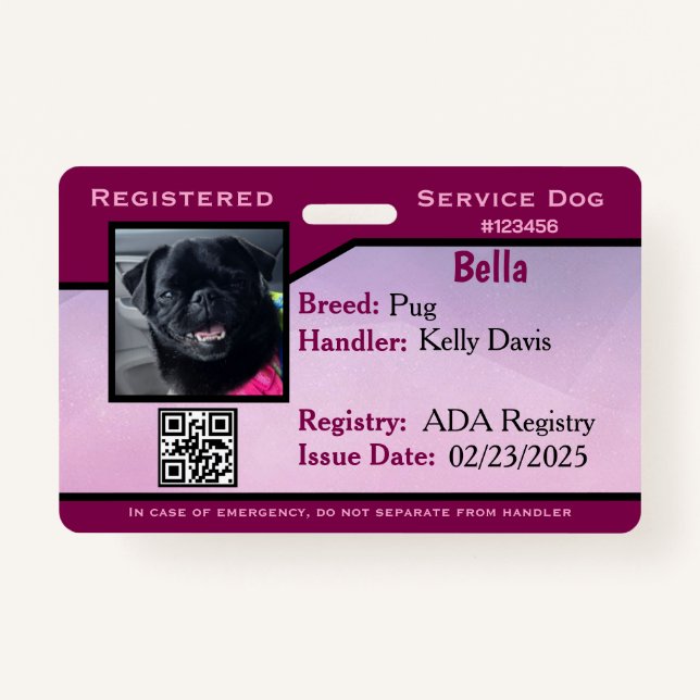 Purple service dog ID card Badge (Front)
