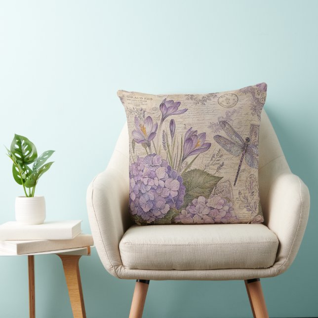 Purple Shabby Chic Hydrangeas Throw Pillow (Chair)