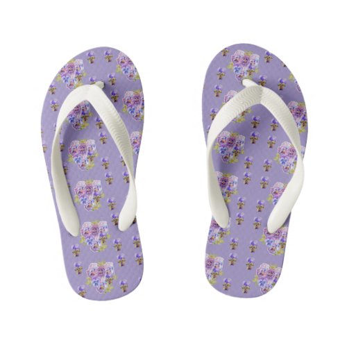 Purple Shabby Chic Pansy Flowers Beach Thongs Kids Flip Flops