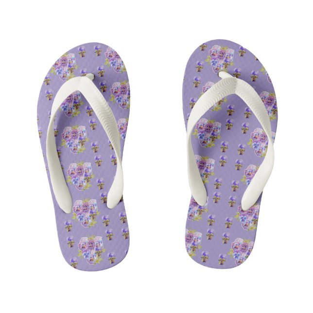 Purple Shabby Chic Pansy Flowers Beach Thongs Kid's Flip Flops (Footbed)