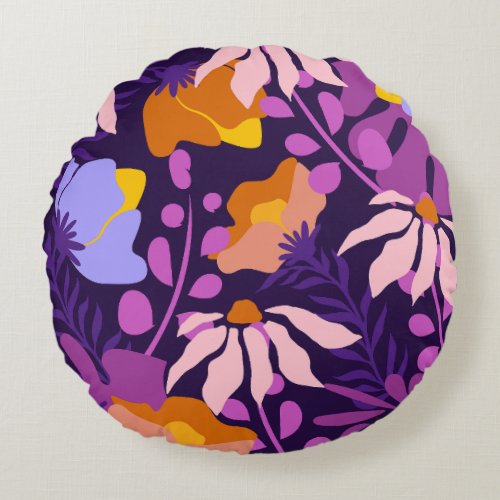 Purple Shade Modern Flowers Round Pillow