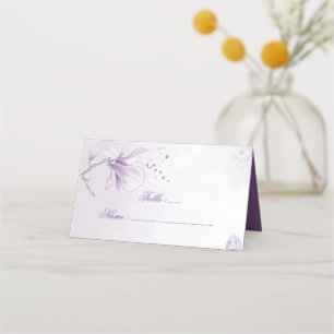 purple shades flowers & bow place card