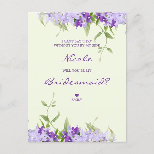 Purple Shades Flowers  Branches for Bridesmaid Invitation Postcard