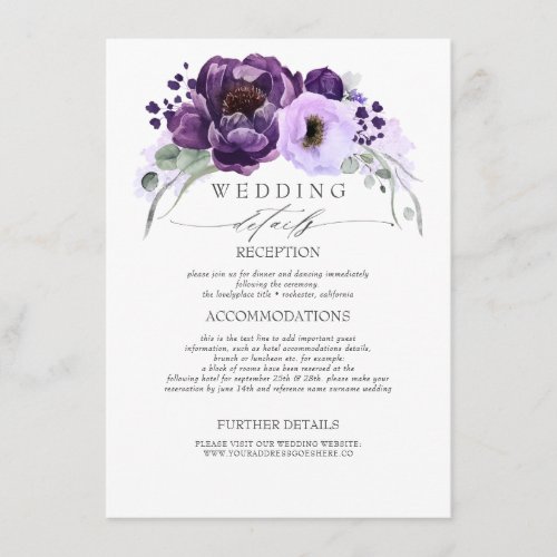 Purple Shades Flowers Wedding Information Enclosure Card