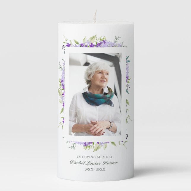 Purple Shades Garland In Loving Memory Photo Pillar Candle (Front)