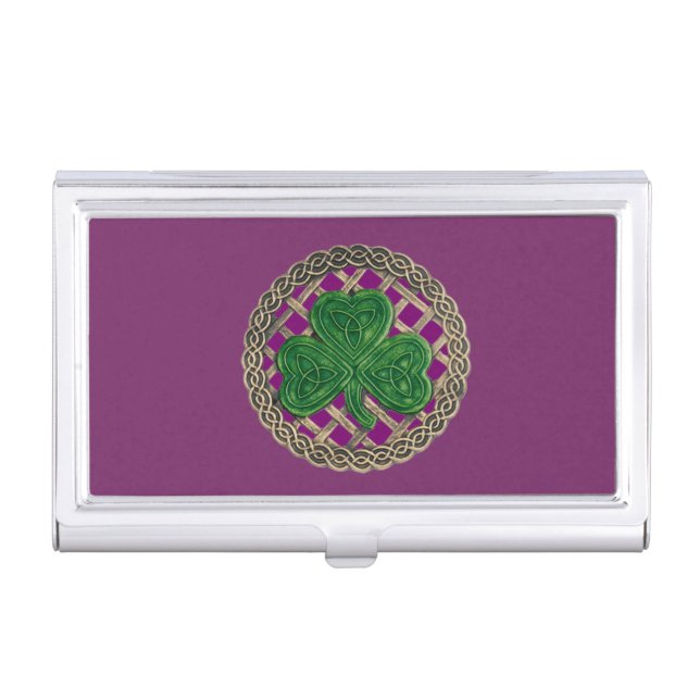 Purple Shamrock Celtic Knots Business Card Holder (Front)